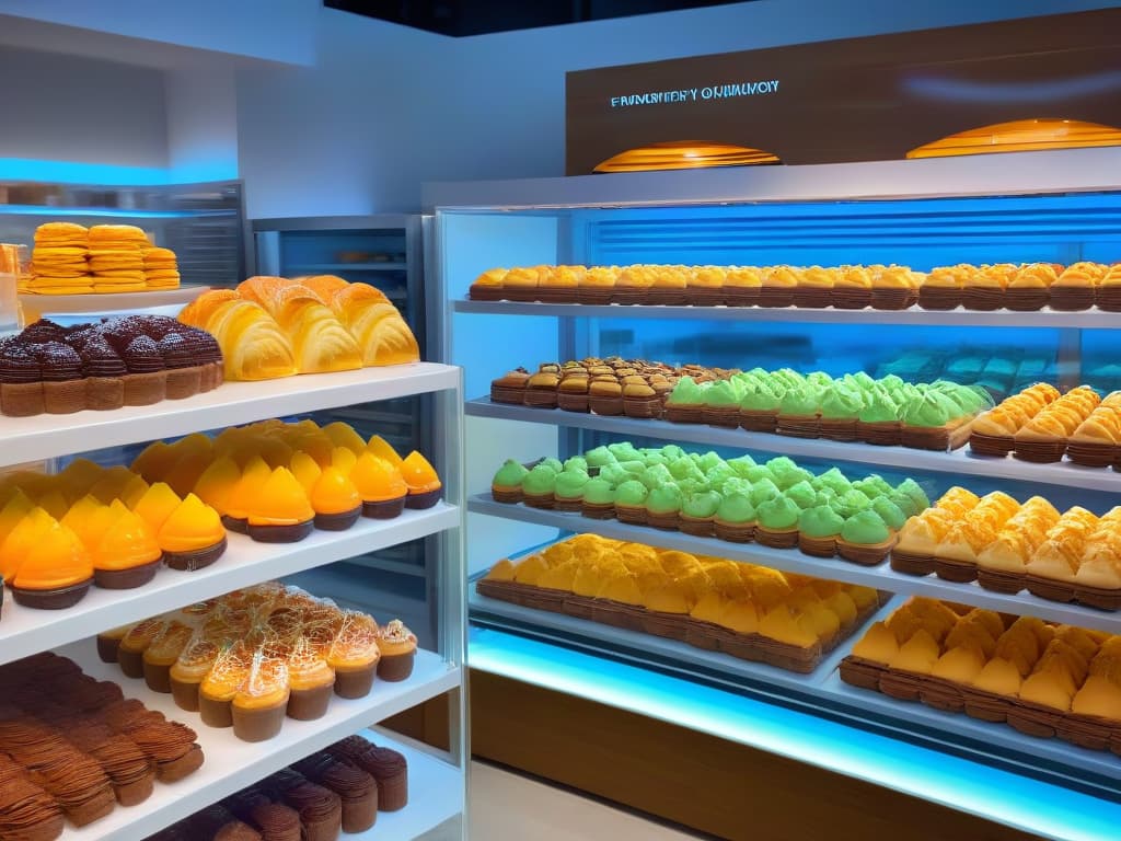  An ultradetailed 8k image of a sleek, futuristic robotic arm delicately arranging colorful pastries on perfectly organized shelves in a modern bakery, with soft ambient lighting casting a gentle glow on the scene. hyperrealistic, full body, detailed clothing, highly detailed, cinematic lighting, stunningly beautiful, intricate, sharp focus, f/1. 8, 85mm, (centered image composition), (professionally color graded), ((bright soft diffused light)), volumetric fog, trending on instagram, trending on tumblr, HDR 4K, 8K