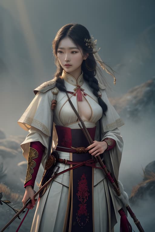  Portrait of a beautiful Asian woman archer holding her bow and with a quiver on her back, sultry, buxom, best quality, 8k wallpaper hyperrealistic, full body, detailed clothing, highly detailed, cinematic lighting, stunningly beautiful, intricate, sharp focus, f/1. 8, 85mm, (centered image composition), (professionally color graded), ((bright soft diffused light)), volumetric fog, trending on instagram, trending on tumblr, HDR 4K, 8K