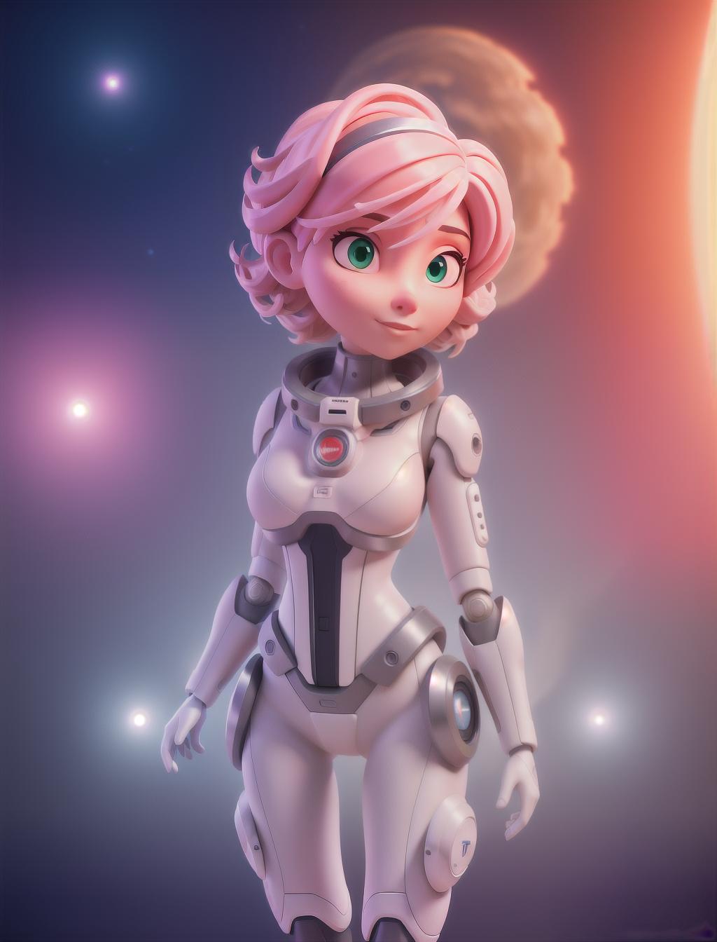  Futuristic, astronaut woman, short pink hair, multicolored eyes, laser gun, foreign planet, robotic arm hyperrealistic, full body, detailed clothing, highly detailed, cinematic lighting, stunningly beautiful, intricate, sharp focus, f/1. 8, 85mm, (centered image composition), (professionally color graded), ((bright soft diffused light)), volumetric fog, trending on instagram, trending on tumblr, HDR 4K, 8K