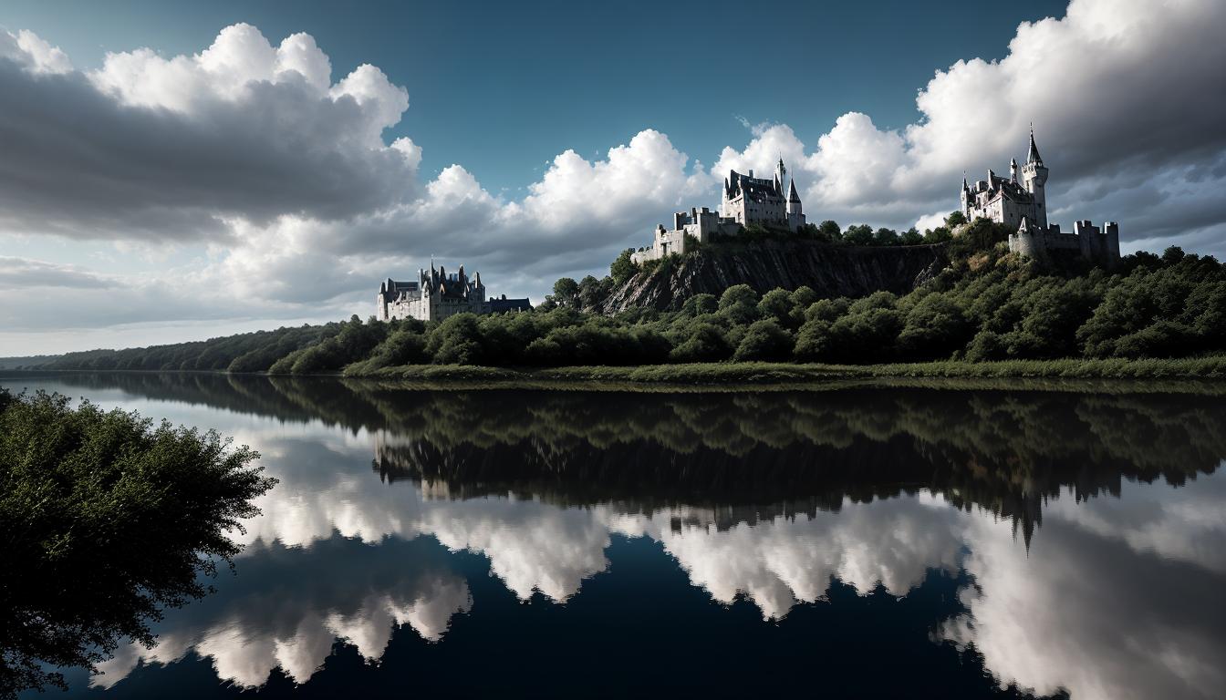  cinematic, aesthetic, two figures shaking hands, forming a bridge, floating islands with castles in the background, clouds swirling around, cooperative, harmonious, idyllic, 4k, HDR, lens flare