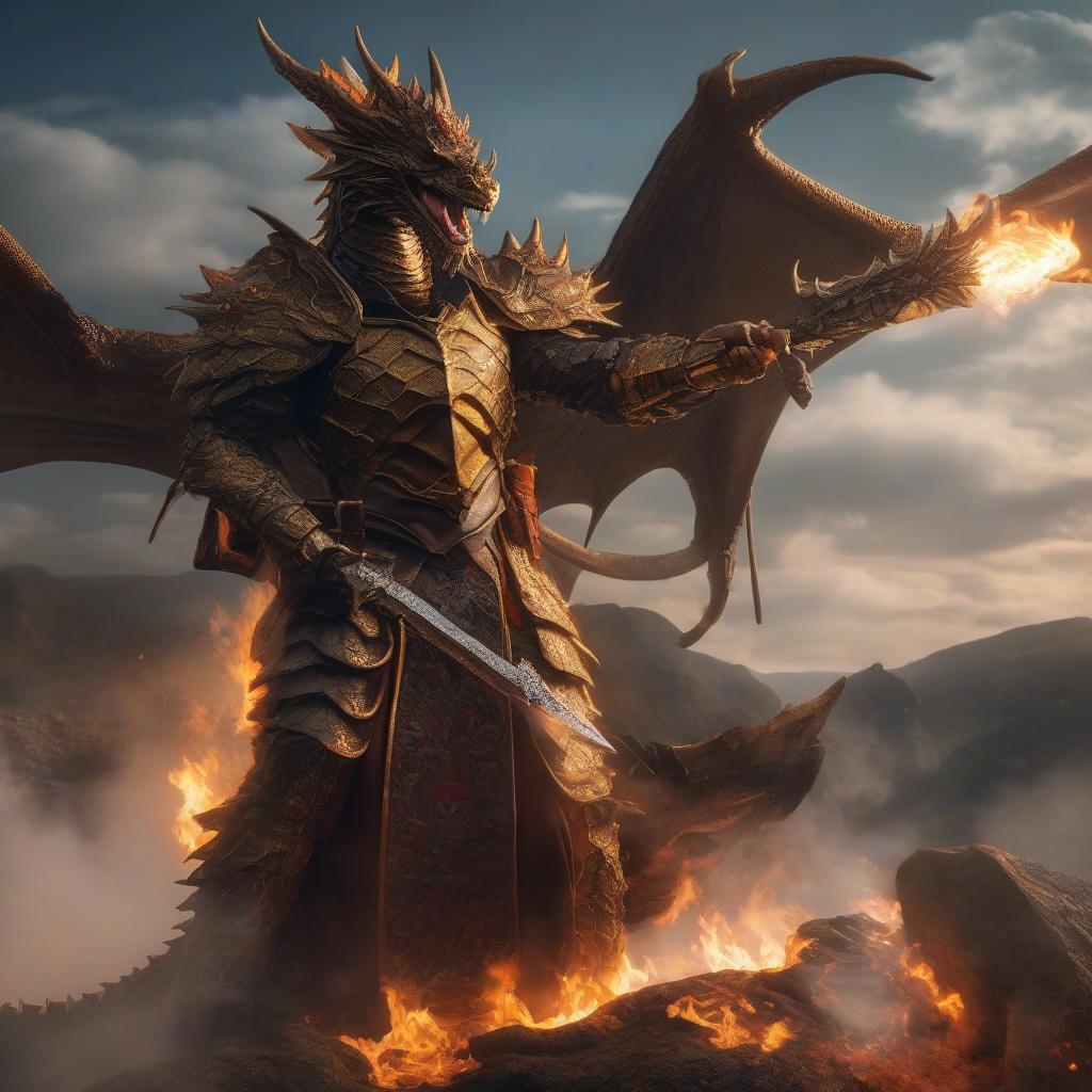  The dragon burns with fire, the knight grills a shish kebab on the dragon's fire. hyperrealistic, full body, detailed clothing, highly detailed, cinematic lighting, stunningly beautiful, intricate, sharp focus, f/1. 8, 85mm, (centered image composition), (professionally color graded), ((bright soft diffused light)), volumetric fog, trending on instagram, trending on tumblr, HDR 4K, 8K