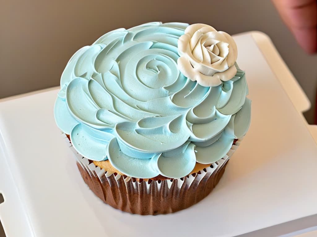  A closeup, ultradetailed image of a pair of hands meticulously piping delicate swirls of frosting onto a beautifully crafted cupcake. The hands belong to a professional pastry chef, showcasing expertise and precision in the art of pastry decoration. The background is a soft, neutral color to highlight the intricate details of the frosting work, emphasizing the fundamental technique for beginners to aspire towards in the world of pastry. hyperrealistic, full body, detailed clothing, highly detailed, cinematic lighting, stunningly beautiful, intricate, sharp focus, f/1. 8, 85mm, (centered image composition), (professionally color graded), ((bright soft diffused light)), volumetric fog, trending on instagram, trending on tumblr, HDR 4K, 8K