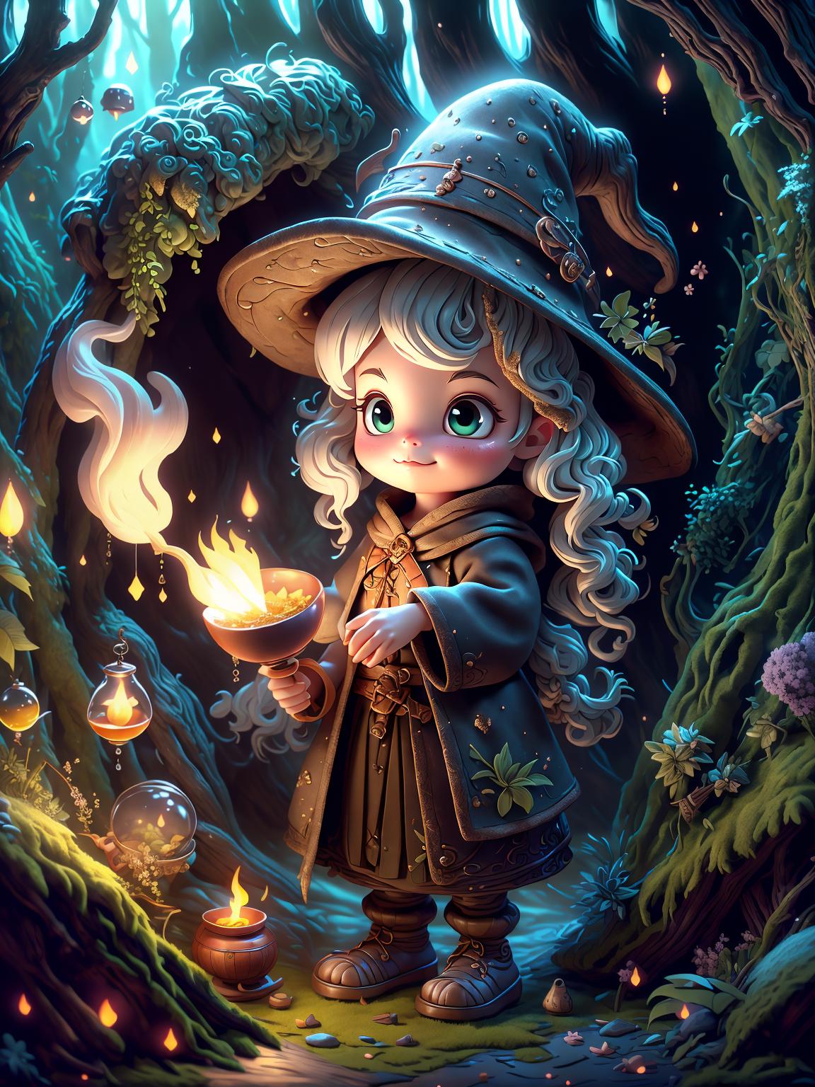  master piece, best quality, ultra detailed, highres, 4k.8k, Witch, Stirring the cauldron over a fire, Focused, BREAK Witch cooking in a cauldron, Dark forest clearing, Cauldron, wooden spoon, potion bottles, herbs, BREAK Mysterious and mystical, Glowing and bubbling cauldron, wisps of smoke, Cu73Cre4ture