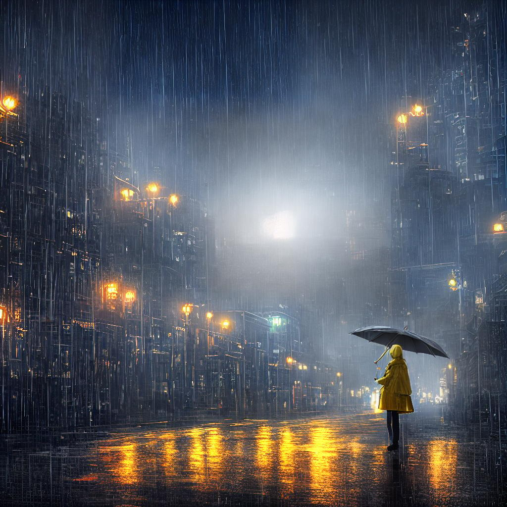  ((masterpiece)),(((best quality))), 8k, high detailed, ultra-detailed. A girl standing on the side of the street, (wearing a yellow raincoat), looking at the passing cars, (holding a colorful umbrella), with (raindrops falling gently), (reflecting the city lights). hyperrealistic, full body, detailed clothing, highly detailed, cinematic lighting, stunningly beautiful, intricate, sharp focus, f/1. 8, 85mm, (centered image composition), (professionally color graded), ((bright soft diffused light)), volumetric fog, trending on instagram, trending on tumblr, HDR 4K, 8K