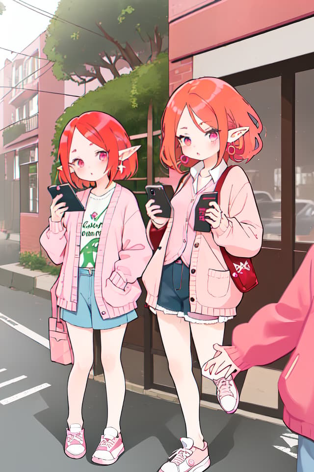  1girl,elf,Middle part or middle parting,red hair,pink earrings,narrow your eyes,ONE PIECE,cardigan,sneaker,smartphone in one hand,hair blowing in the wind,