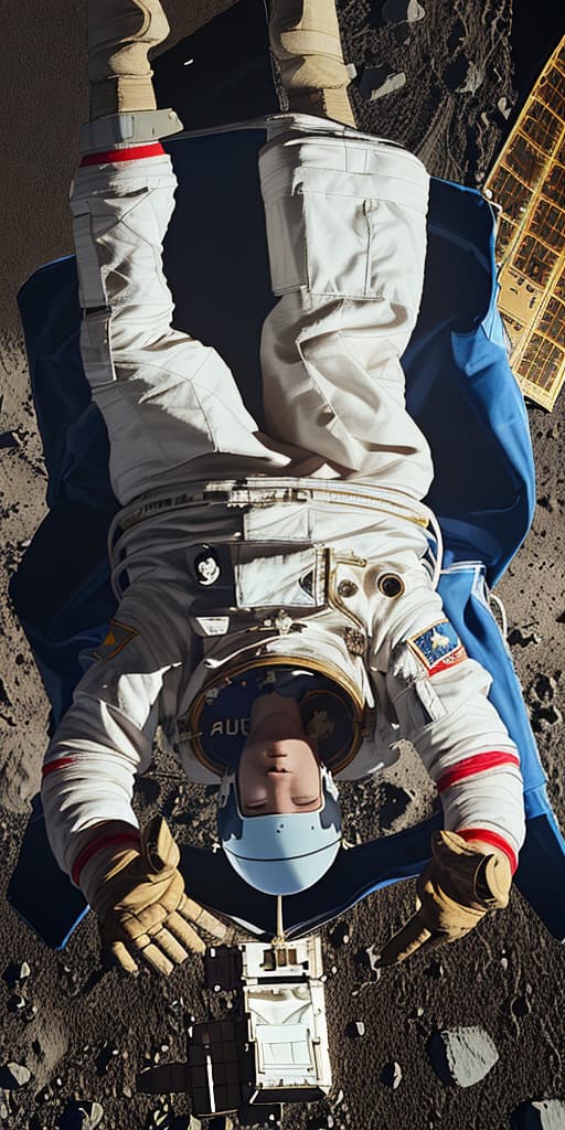  astronaut above the ground, holding a medal in his hand