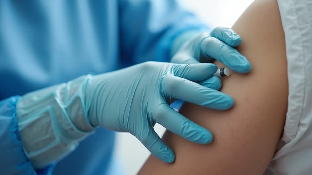  good quality, high quality, close up of a healthcare professional wearing gloves, giving a vaccine injection to a patient's arm, indicating a medical procedure and vaccination process