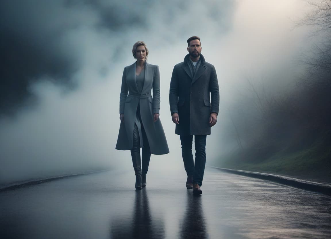  High resolution photo, a creative man and woman stand separately hyperrealistic, full body, detailed clothing, highly detailed, cinematic lighting, stunningly beautiful, intricate, sharp focus, f/1. 8, 85mm, (centered image composition), (professionally color graded), ((bright soft diffused light)), volumetric fog, trending on instagram, trending on tumblr, HDR 4K, 8K