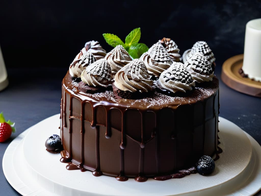  A closeup, ultradetailed image of a smooth and luscious vegan chocolate ganache being drizzled over a perfectly baked vegan chocolate cake. The ganache is glossy and rich, showcasing its luxurious texture and decadent appeal. The cake is elegantly decorated with fresh berries and mint leaves, adding a pop of color against the dark chocolate backdrop. The minimalist composition highlights the beauty and indulgence of vegan desserts, enticing the viewer with the promise of irresistible and sustainable sweet treats. hyperrealistic, full body, detailed clothing, highly detailed, cinematic lighting, stunningly beautiful, intricate, sharp focus, f/1. 8, 85mm, (centered image composition), (professionally color graded), ((bright soft diffused light)), volumetric fog, trending on instagram, trending on tumblr, HDR 4K, 8K