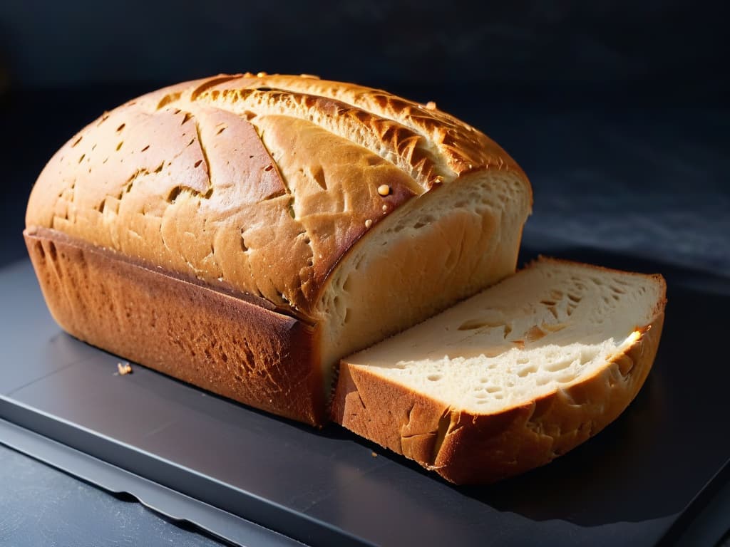  A closeup, ultradetailed image of a perfectly risen vegan sourdough bread loaf, showcasing the intricate patterns on the crust, the airy crumb structure, and the golden brown color. The bread is sitting on a minimalist, matte black surface, with a soft, diffused light casting subtle shadows, emphasizing the texture and quality of the loaf. hyperrealistic, full body, detailed clothing, highly detailed, cinematic lighting, stunningly beautiful, intricate, sharp focus, f/1. 8, 85mm, (centered image composition), (professionally color graded), ((bright soft diffused light)), volumetric fog, trending on instagram, trending on tumblr, HDR 4K, 8K