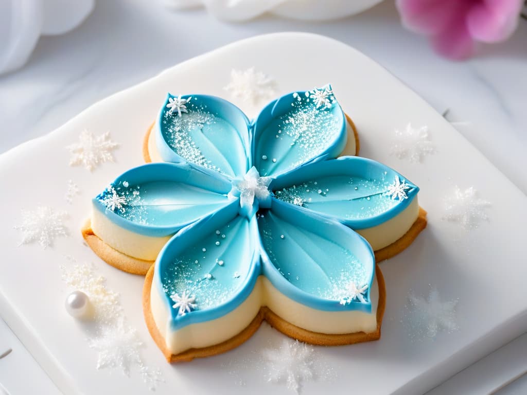  A minimalistic image of a sparkling snowflakeshaped cookie cutter surrounded by pastelcolored sugar crystals, resting on a pristine white marble countertop. The light softly reflects off the smooth surface, enhancing the delicate details of the cutter and the shimmering crystals, evoking a sense of magic and winter wonderland. hyperrealistic, full body, detailed clothing, highly detailed, cinematic lighting, stunningly beautiful, intricate, sharp focus, f/1. 8, 85mm, (centered image composition), (professionally color graded), ((bright soft diffused light)), volumetric fog, trending on instagram, trending on tumblr, HDR 4K, 8K