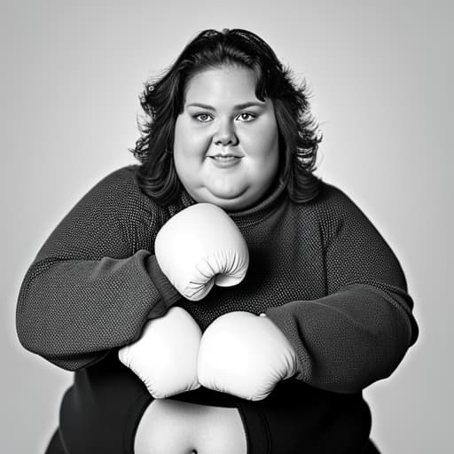 portrait+ style a fat woman, inside a ring, with boxing gloves, fighting against a scale