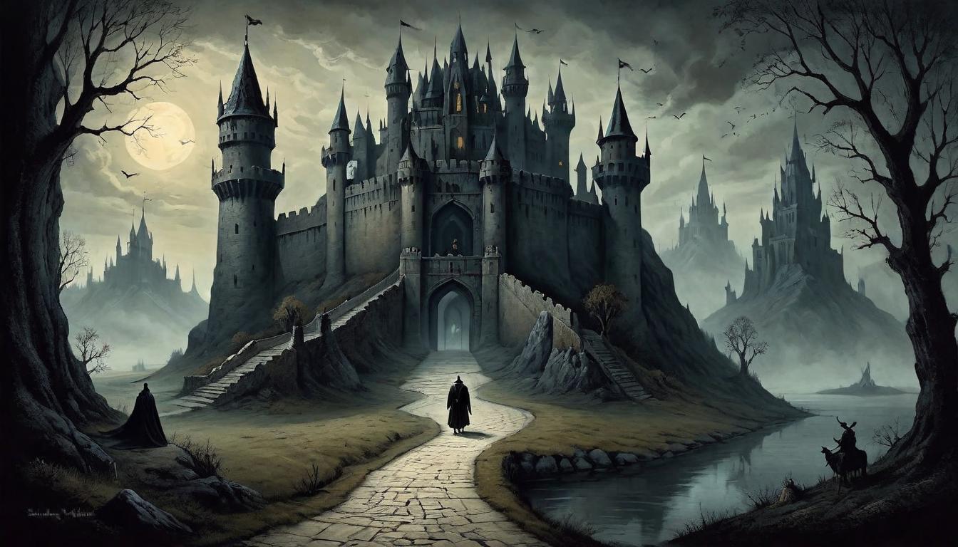  on parchment, surrealism+++, Dimly lit pathway leading towards a towering, dark citadel, shadowy figures walking ahead, symbolizing the overshadowing of individuality, impending dominance(mysterious, provocative, symbolic,muted color)+++