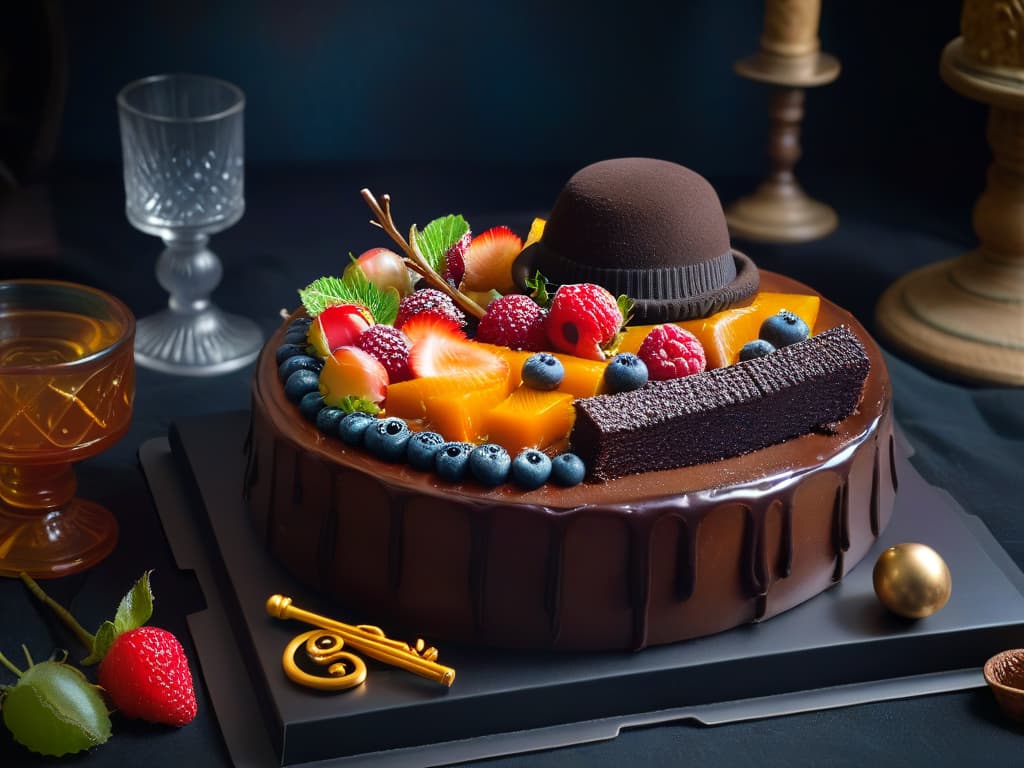  A highresolution, photorealistic image of a decadent dessert platter inspired by the TV series Sherlock. The platter features intricate desserts shaped like Sherlock's iconic deerstalker hat, magnifying glass, and violin, all meticulously decorated with edible clues and mysterious symbols. The desserts are set against a dark, moody backdrop reminiscent of a Victorianera study, complete with dim lighting and vintage decor to enhance the mysterious and sophisticated ambiance. hyperrealistic, full body, detailed clothing, highly detailed, cinematic lighting, stunningly beautiful, intricate, sharp focus, f/1. 8, 85mm, (centered image composition), (professionally color graded), ((bright soft diffused light)), volumetric fog, trending on instagram, trending on tumblr, HDR 4K, 8K