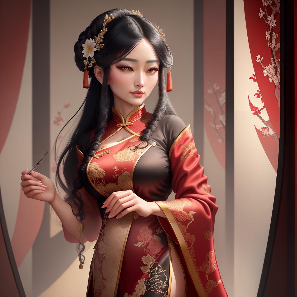  A masterpiece of a high quality, ultra-detailed 8k Chinese ancient beauty half-body portrait, with intricate details and stunning realism. The main subject of the scene is a graceful woman dressed in traditional attire, posing elegantly against a serene backdrop. Her ((flowing black hair)) cascades down her shoulders, accentuating her delicate features and ((pearl-adorned hairpin)). She gazes gently towards the viewer with ((almond-shaped eyes)) that exude a sense of mystery and allure. The intricate embroidery on her ((scarlet silk robe)) depicts vibrant floral motifs, adding to the richness of the composition. In the background, we can see a ((traditional Chinese folding screen)) adorned with delicate paintings of birds and blossoms, enha hyperrealistic, full body, detailed clothing, highly detailed, cinematic lighting, stunningly beautiful, intricate, sharp focus, f/1. 8, 85mm, (centered image composition), (professionally color graded), ((bright soft diffused light)), volumetric fog, trending on instagram, trending on tumblr, HDR 4K, 8K