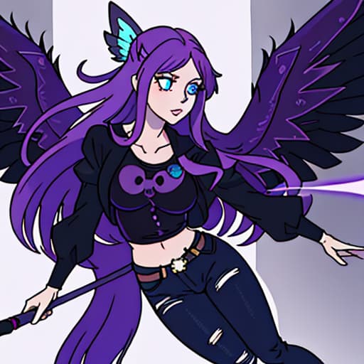  femalePurple long hair,the characrter one piece,Blue eyes,fairy,her Wings is Purple colour,one the hair the banng long on the side,black jeans,black shirt,black jeans,her breats are huge hyperrealistic, full body, detailed clothing, highly detailed, cinematic lighting, stunningly beautiful, intricate, sharp focus, f/1. 8, 85mm, (centered image composition), (professionally color graded), ((bright soft diffused light)), volumetric fog, trending on instagram, trending on tumblr, HDR 4K, 8K