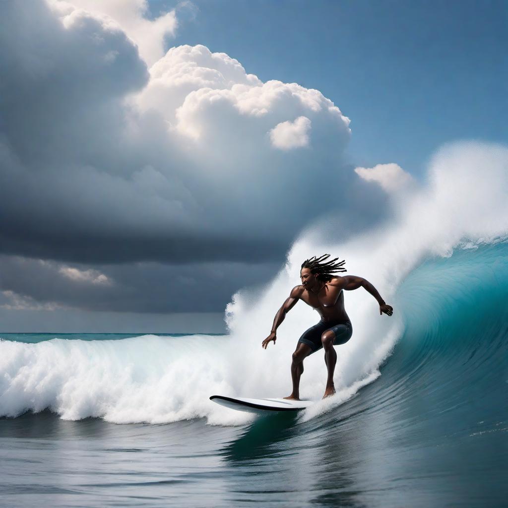  Create a dynamic and visually striking image of a black male with dreadlocks expertly surfing on a sleek, black metallic surfboard among billowing clouds. He is depicted catching the 'waves' of the cloud formations as if they were waves in the ocean, showcasing agility and grace. The setting is ethereal and surreal, emphasizing the concept of surfing on clouds. The man's attire and surfboard should have hints of futuristic design, and his expression one of focused exhilaration. The background should be a clear sky further emphasizing the feeling of altitude and freedom. hyperrealistic, full body, detailed clothing, highly detailed, cinematic lighting, stunningly beautiful, intricate, sharp focus, f/1. 8, 85mm, (centered image composition), (professionally color graded), ((bright soft diffused light)), volumetric fog, trending on instagram, trending on tumblr, HDR 4K, 8K