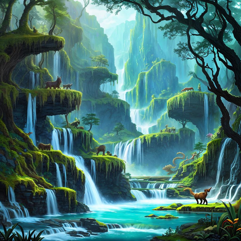  in a fantasy setting, Paint a surreal landscape where mythical beasts roam amidst cascading waterfalls.