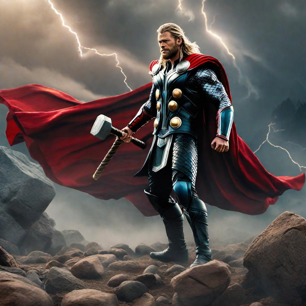  Thor hyperrealistic, full body, detailed clothing, highly detailed, cinematic lighting, stunningly beautiful, intricate, sharp focus, f/1. 8, 85mm, (centered image composition), (professionally color graded), ((bright soft diffused light)), volumetric fog, trending on instagram, trending on tumblr, HDR 4K, 8K