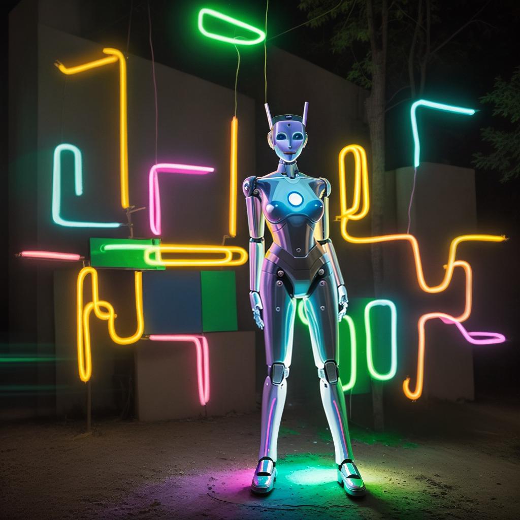  robot woman in the style of Suprematism Light Painting AdventureCore Pastel