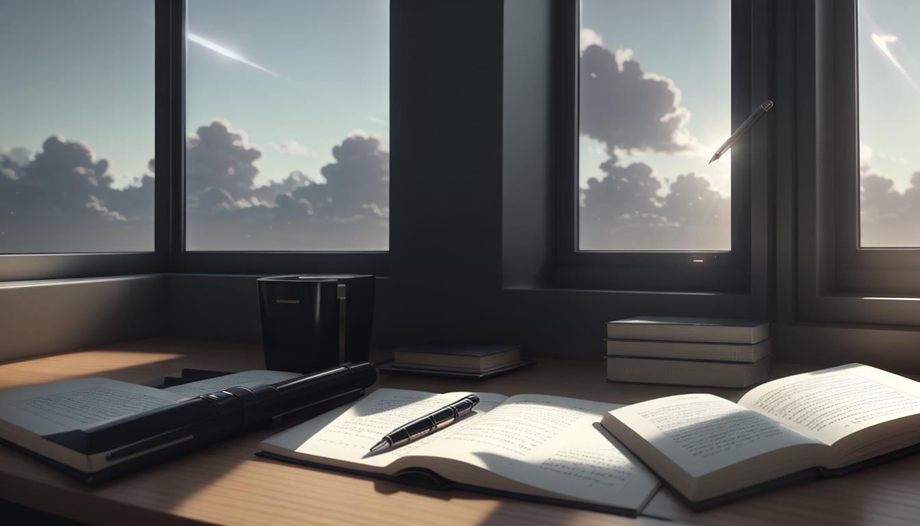  Retro anime aesthetics, retro futuristic Image needed, contemplative scene, an open journal with handwritten notes, pages slightly curled, a pen resting on top, soft light from a nearby window, personal reflection, intimate, thoughtful, 4k, HDR, lens flare