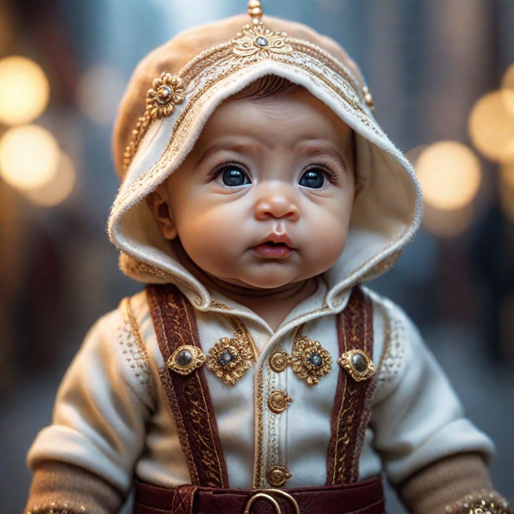  a cute baby hyperrealistic, full body, detailed clothing, highly detailed, cinematic lighting, stunningly beautiful, intricate, sharp focus, f/1. 8, 85mm, (centered image composition), (professionally color graded), ((bright soft diffused light)), volumetric fog, trending on instagram, trending on tumblr, HDR 4K, 8K