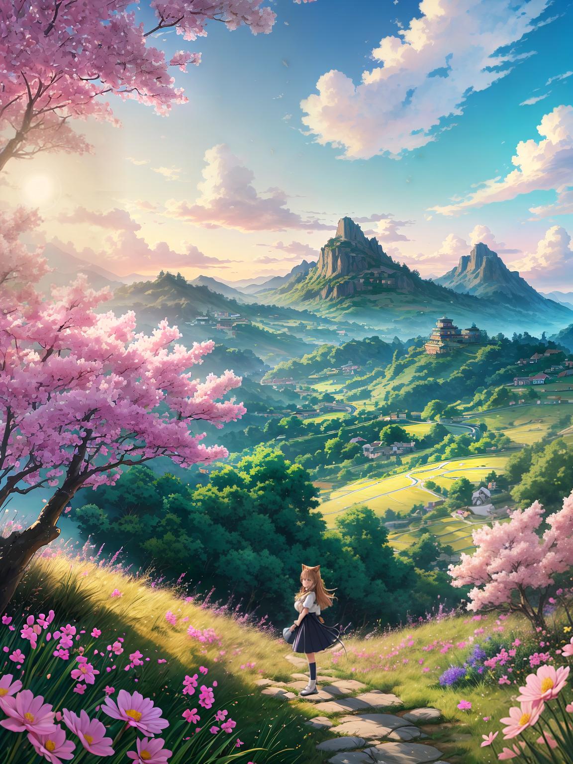  master piece, best quality, ultra detailed, highres, 4k.8k, Girl with cat ears., Standing in the wind., Serene expression., BREAK Anime style illustration of a girl with cat ears in a majestic natural hill setting., Natural hill background., Flowers, grass, trees, and clouds., BREAK Serene and peaceful atmosphere., Luminous and grand appearance., crystallineAI