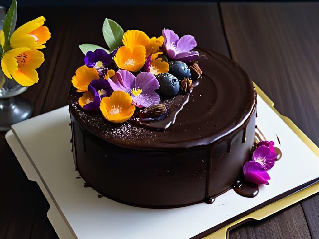  A closeup, ultradetailed image of a decadent chocolate olive oil cake, showcasing the glossy texture of the cake's surface, with a drizzle of highquality olive oil cascading down the side. The cake is elegantly decorated with delicate edible flowers on top, adding a pop of color to the rich, dark chocolate base. The lighting is soft, highlighting the intricate details of the dessert and creating a luxurious and inviting atmosphere. hyperrealistic, full body, detailed clothing, highly detailed, cinematic lighting, stunningly beautiful, intricate, sharp focus, f/1. 8, 85mm, (centered image composition), (professionally color graded), ((bright soft diffused light)), volumetric fog, trending on instagram, trending on tumblr, HDR 4K, 8K