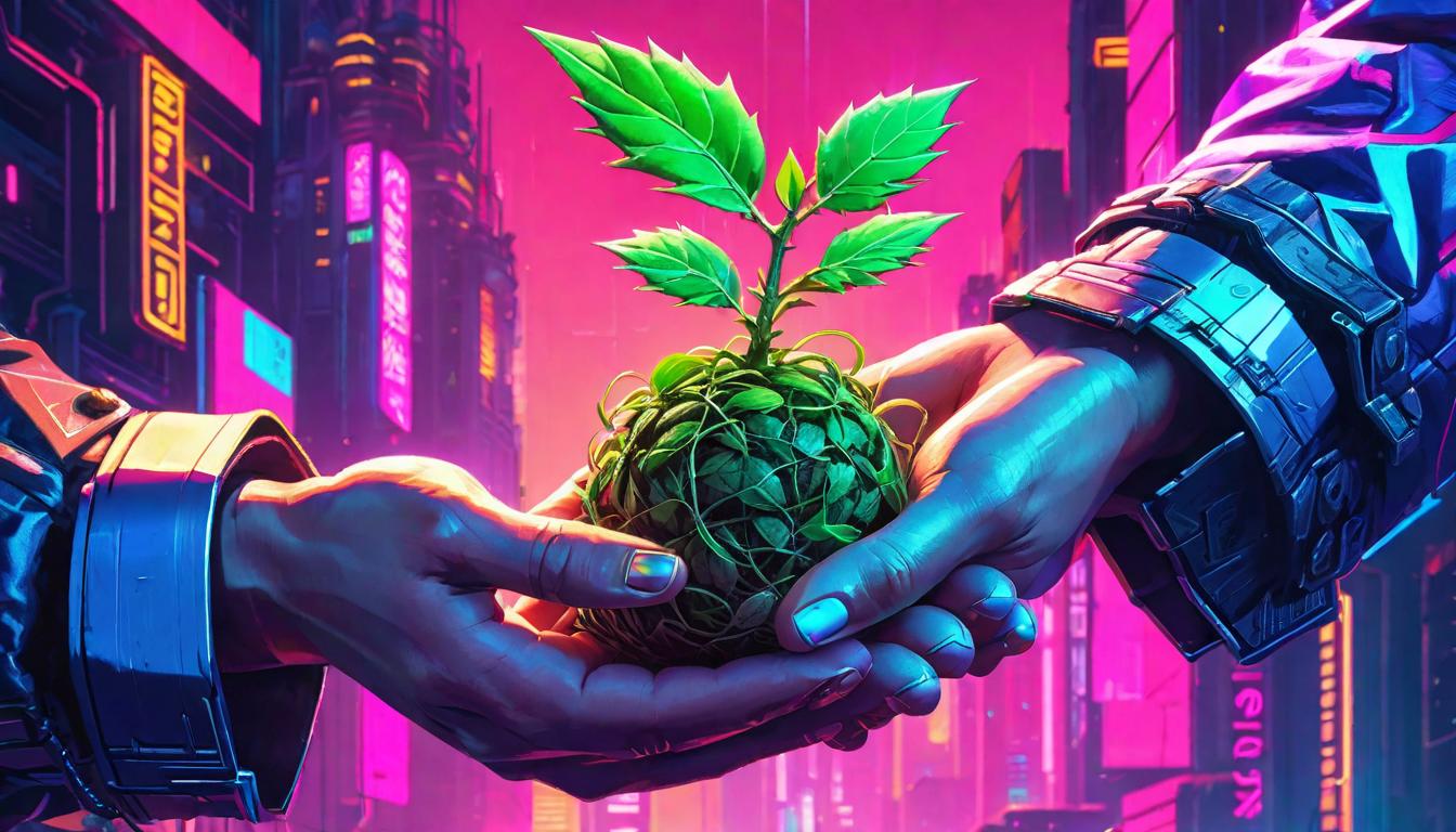  vaporwave,cyberpunk game style A pair of weathered hands holding a fragile sprout, nurturing amidst adversity, silent tale of unseen struggles and careeon, dystopian, futuristic, digital, vibrant, detailed, high contrast, reminiscent of cyberpunk genre video games,retro aesthetic, cyberpunk, vibrant, neon colors, vintage 80s and 90s style, highly detailed