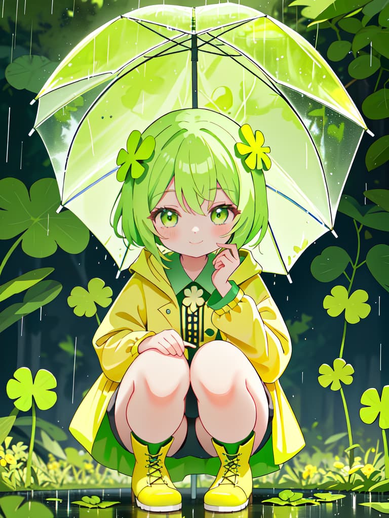  Staring at the four leaf clover with an umbrella in the rain, a yellow raincoat and a yellow green haired girl with boots, crouching and staring at the four leaf clover on the ground and staring with a smile., masterpiece, best quality,8k,ultra detailed,high resolution,an extremely delicate and beautiful,hyper detail