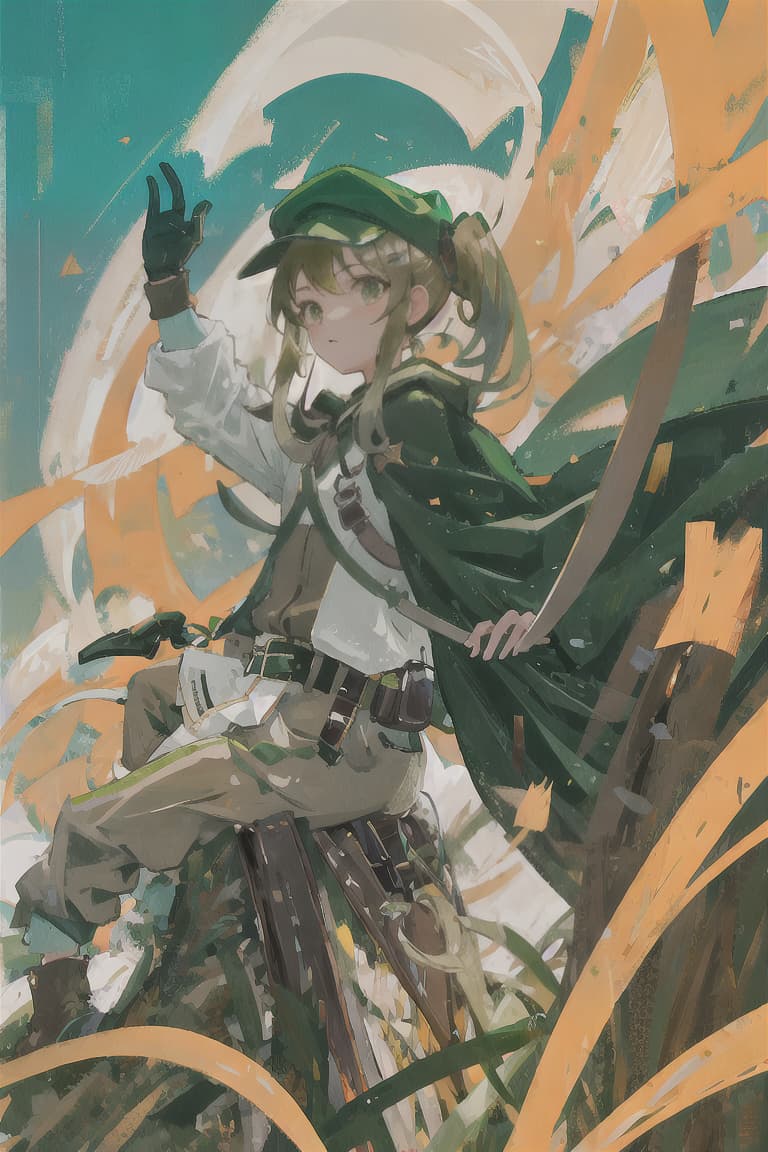  master piece , best quality,Green hair, ponytail, brown hat, hunter, bowman, olive cape