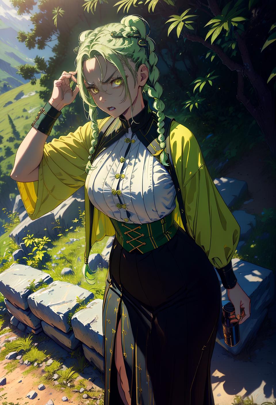  ((trending, highres, masterpiece, cinematic shot)), 1girl, mature, female sorcerer outfit, large, hiking scene, very short straight light green hair, hair in braids, large yellow eyes, dumb, airheaded personality, angry expression, fair skin, lively, limber