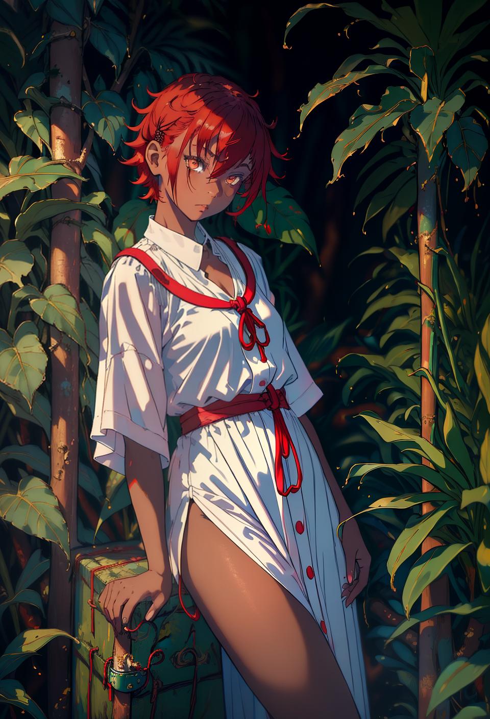  ((trending, highres, masterpiece, cinematic shot)), 1girl, young, female religious outfit, jungle scene, very short messy red hair, shaved head,  white eyes, apathetic personality, bored expression, dark skin, lively, lucky