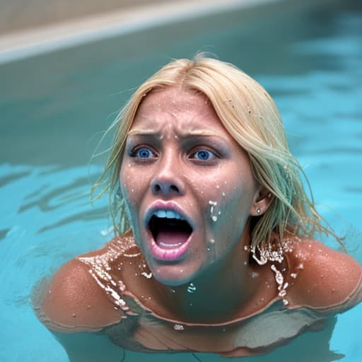  tanned blonde woman's face is above water she drowns she's screaming and panic