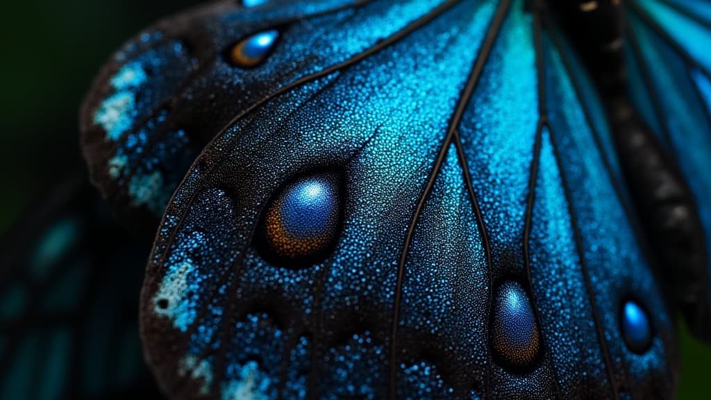  good quality, high quality, intricate close up of a butterfly wing: textured blue and black patterns with eye like markings