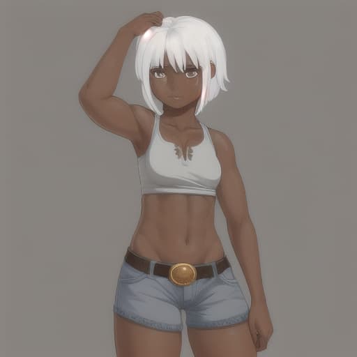  A short cowgirl with dark gray skin and white hair.