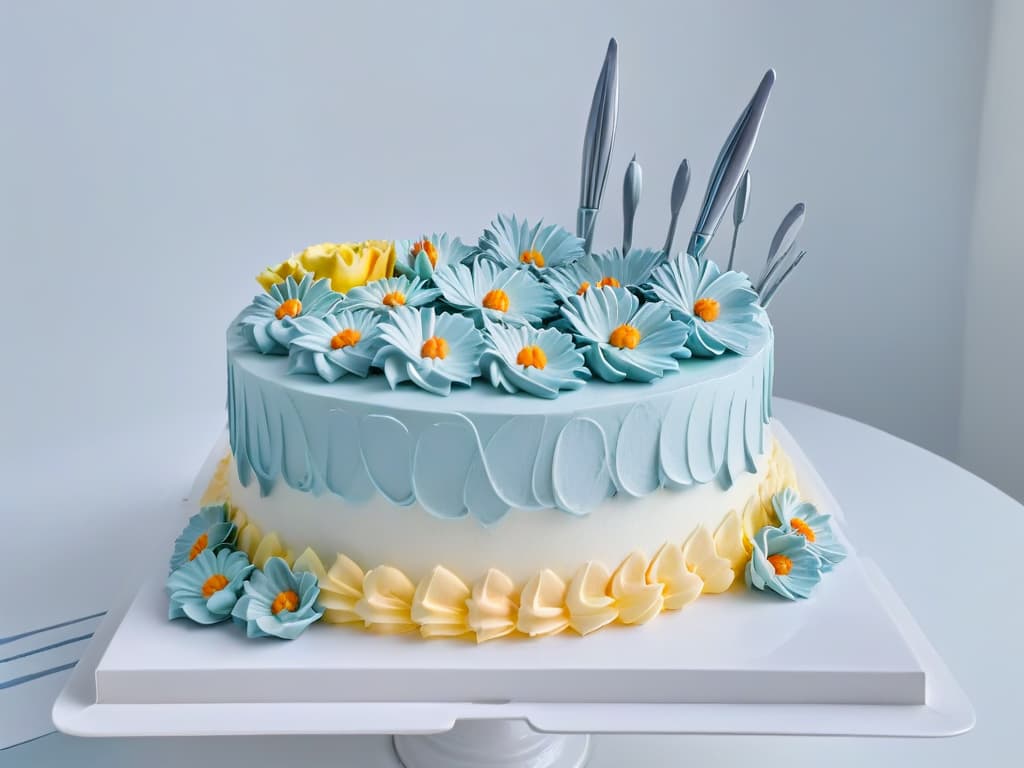  A minimalist and sleek white marble table in a brightly lit kitchen, featuring neatly organized rows of pastelcolored piping bags, delicate fondant flowers, and an assortment of precision tools like pastry brushes and sculpting knives. The image exudes a sense of precision and professionalism, perfect for showcasing a wellequipped pastry workstation. hyperrealistic, full body, detailed clothing, highly detailed, cinematic lighting, stunningly beautiful, intricate, sharp focus, f/1. 8, 85mm, (centered image composition), (professionally color graded), ((bright soft diffused light)), volumetric fog, trending on instagram, trending on tumblr, HDR 4K, 8K