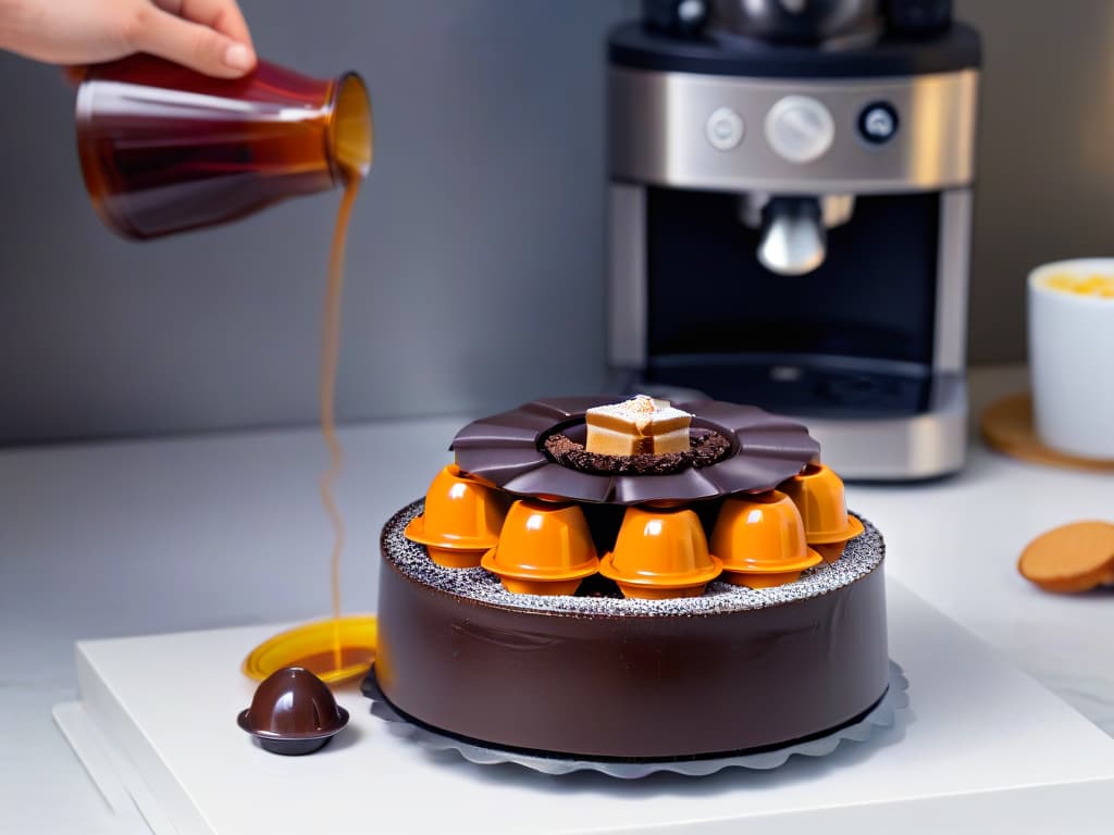  A closeup, photorealistic image of a stack of colorful, reusable coffee capsules arranged on a sleek, modern kitchen countertop. The capsules are filled with a variety of decadent dessertinspired coffee blends, showcasing rich caramel, velvety chocolate, and creamy vanilla flavors. The soft ambient lighting highlights the intricate details of the capsules, evoking a sense of elegance and innovation in dessert coffee preparation. hyperrealistic, full body, detailed clothing, highly detailed, cinematic lighting, stunningly beautiful, intricate, sharp focus, f/1. 8, 85mm, (centered image composition), (professionally color graded), ((bright soft diffused light)), volumetric fog, trending on instagram, trending on tumblr, HDR 4K, 8K