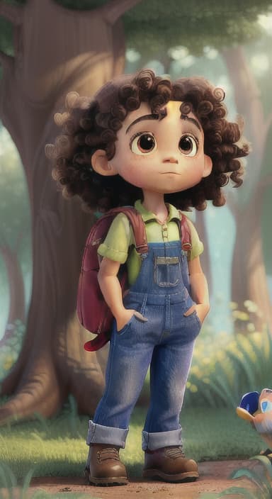  {The tree shining brightly and releasing a gentle, magical light., Riley, a curious with big brown eyes and curly hair, wearing overalls and carrying a small backpack. Their friend, Skye, a bluebird with shiny feathers.