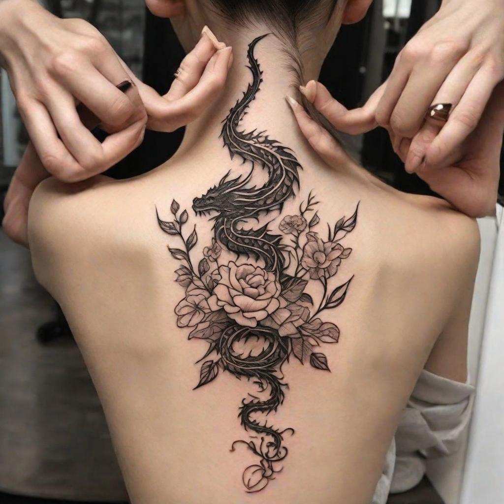  masterpiece, best quality, vertical line tattoo with two small dragons and floral vines looking simply yet elegant on the back of a female