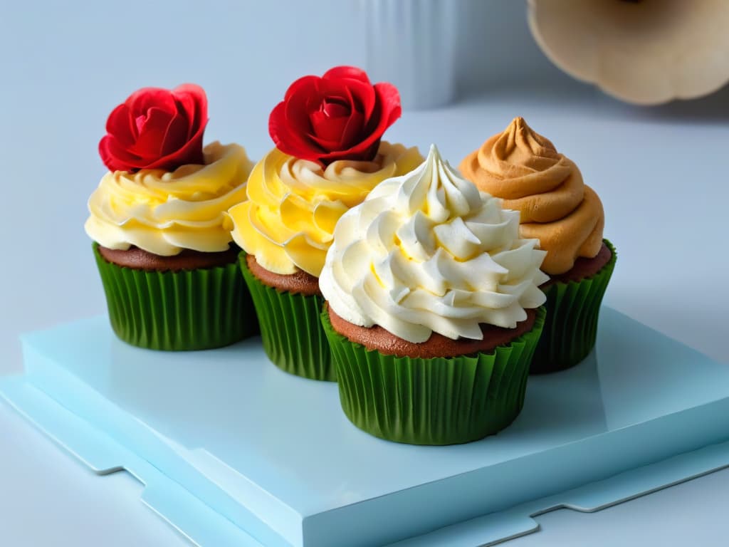  An ultradetailed closeup image of an intricately decorated cupcake with a variety of frosting techniques using different piping nozzles, showcasing the artistry and precision that can be achieved with the best selection of piping nozzle sets for pastry decoration. hyperrealistic, full body, detailed clothing, highly detailed, cinematic lighting, stunningly beautiful, intricate, sharp focus, f/1. 8, 85mm, (centered image composition), (professionally color graded), ((bright soft diffused light)), volumetric fog, trending on instagram, trending on tumblr, HDR 4K, 8K