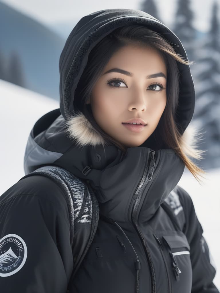  half body portrait, Beautiful Asian girl snowboarder in black winter jacket standing in the winter snow, cinematic lighting, stunningly beautiful, intricate, sharp focus, f/1. 8, 85mm, (professionally color graded), ((bright soft diffused light)), volumetric fog, trending on instagram, trending on tumblr, HDR 4K, 8K hyperrealistic, full body, detailed clothing, highly detailed, cinematic lighting, stunningly beautiful, intricate, sharp focus, f/1. 8, 85mm, (centered image composition), (professionally color graded), ((bright soft diffused light)), volumetric fog, trending on instagram, trending on tumblr, HDR 4K, 8K