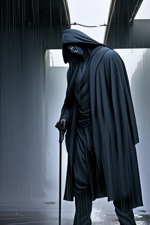  A-TaK, Tall, standing under freeway light, heavy rain, dressed like grim reaper, white mask, Grendel type