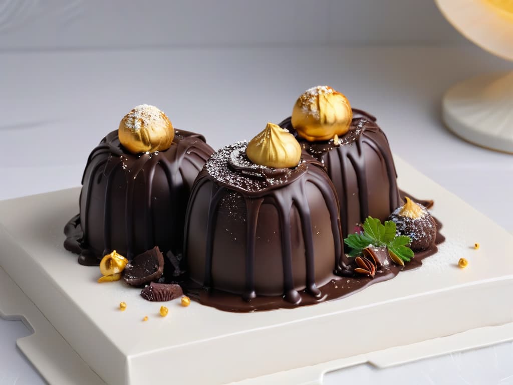  A closeup, photorealistic image of a decadent, homemade truffle placed delicately on a pristine white plate. The truffle is coated in rich, dark chocolate with intricate swirls of a glossy finish, adorned with a single delicate gold leaf on top. The background is softly blurred to keep the focus solely on the luxurious dessert, highlighting its texture and exquisite craftsmanship. hyperrealistic, full body, detailed clothing, highly detailed, cinematic lighting, stunningly beautiful, intricate, sharp focus, f/1. 8, 85mm, (centered image composition), (professionally color graded), ((bright soft diffused light)), volumetric fog, trending on instagram, trending on tumblr, HDR 4K, 8K