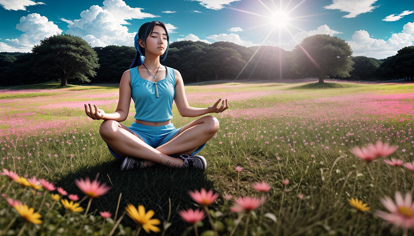  Retro anime aesthetics, retro futuristic A bright, spacious field, person meditating in the center, comfortable attire, relaxed posture, surrounded by wildflowers and tall grass, peaceful, rejuvenating, 4k, HDR, lens flare