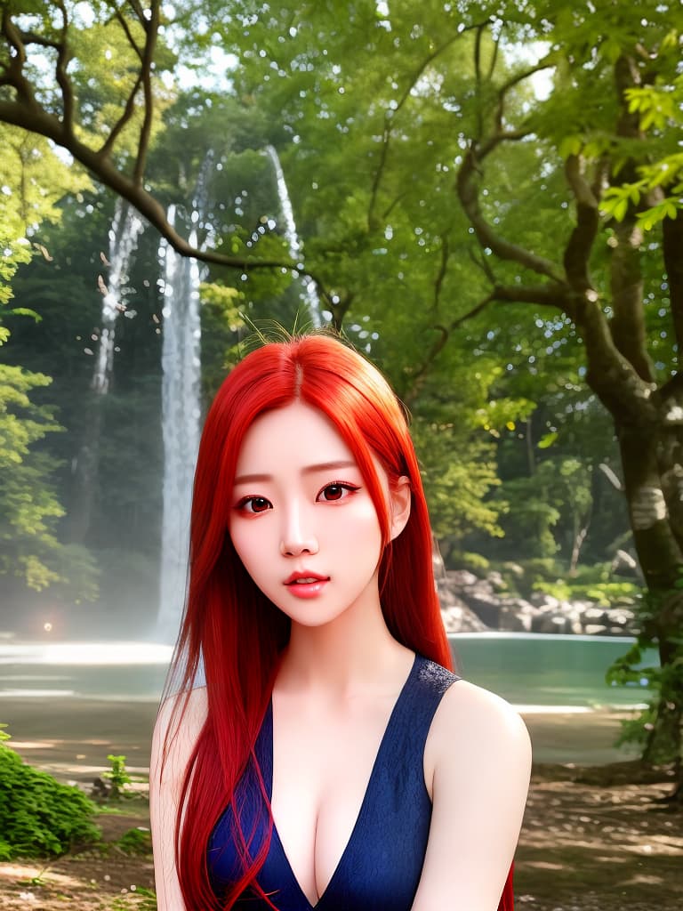  (masterpiece), best quality, high resolution, highly detailed, detailed background, perfect lighting, lens flare, fantasy, nature, 1girl, red hair, kpop idol, detailed face, face shot, close up, perfect face, detailed face, beautiful eyes, pretty face, (bright skin:1.3), idol,, ,   kpop, idol, kpop idol, perfect face