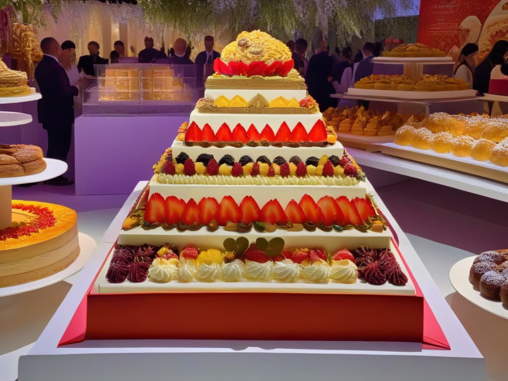  An ultradetailed image of a vibrant and bustling dessert festival, showcasing a variety of colorful and intricately designed sweet treats displayed on elegantly decorated tables. The scene captures the joyous atmosphere with people of diverse backgrounds and ages enjoying the desserts, taking photos for social media, and engaging in lively conversations. The minimalist style highlights the exquisite details of the desserts and the overall festive ambiance, making it visually appealing and inspiring for readers interested in the impact of social media on dessert festivals. hyperrealistic, full body, detailed clothing, highly detailed, cinematic lighting, stunningly beautiful, intricate, sharp focus, f/1. 8, 85mm, (centered image composition), (professionally color graded), ((bright soft diffused light)), volumetric fog, trending on instagram, trending on tumblr, HDR 4K, 8K