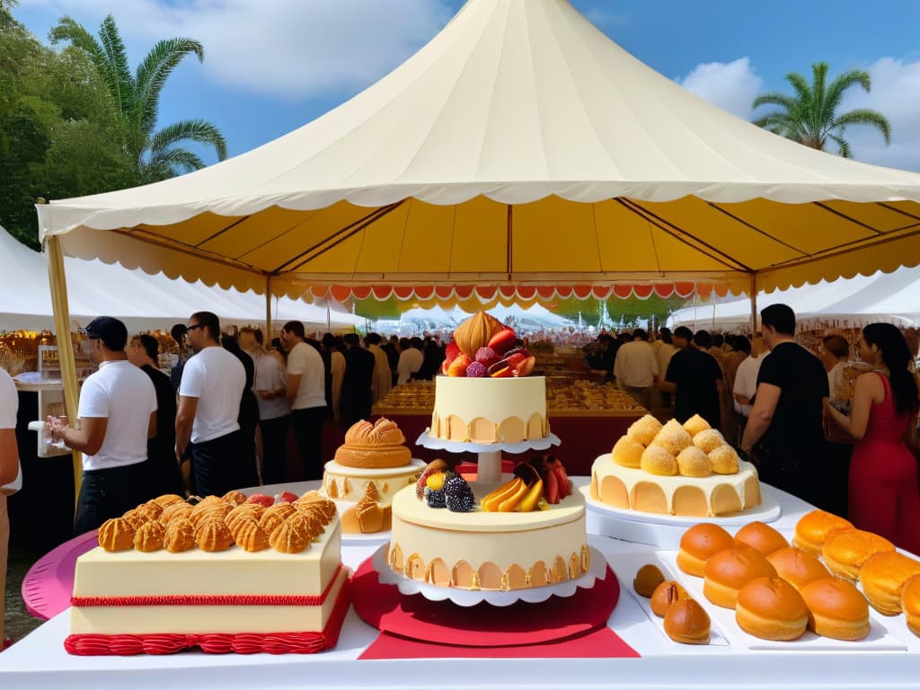  A photorealistic image of a bustling dessert festival in 2023, showcasing a diverse array of beautifully crafted pastries, cakes, and confections displayed on ornate stands under vibrant marquees. Visitors, including pastry chefs, food enthusiasts, and families, are engaged in sampling treats, taking photos, and engaging in lively conversations while colorful banners with the words "Tendencias en Repostería 2023" flutter in the background. The scene captures the essence of creativity, innovation, and community in the world of dessert festivals, with intricate details like intricate icing designs, delicate sugar sculptures, and aromatic clouds of sweetness enveloping the air. hyperrealistic, full body, detailed clothing, highly detailed, cinematic lighting, stunningly beautiful, intricate, sharp focus, f/1. 8, 85mm, (centered image composition), (professionally color graded), ((bright soft diffused light)), volumetric fog, trending on instagram, trending on tumblr, HDR 4K, 8K