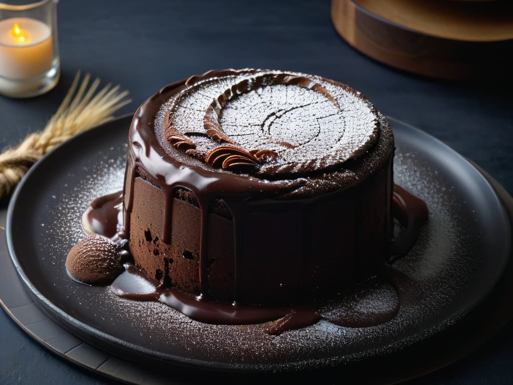  A closeup, ultradetailed image of a decadent chocolate lava cake with a sprinkle of sea salt on top, set on a sleek, modern white plate against a plain black background. The cake is oozing with rich, gooey chocolate, and the sea salt glistens under soft lighting, highlighting the contrast between the dark cake and the white plate. hyperrealistic, full body, detailed clothing, highly detailed, cinematic lighting, stunningly beautiful, intricate, sharp focus, f/1. 8, 85mm, (centered image composition), (professionally color graded), ((bright soft diffused light)), volumetric fog, trending on instagram, trending on tumblr, HDR 4K, 8K