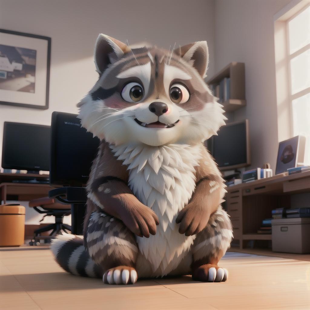  raccoon sitting in gaming chair front a computer on desktop, ((semi anthropomorphic)),(full body), tail, belly, sitting, fat, (chubby), (((white background))), solo, desktop, gaming chair, side view,  [[[clothes]]] hyperrealistic, full body, detailed clothing, highly detailed, cinematic lighting, stunningly beautiful, intricate, sharp focus, f/1. 8, 85mm, (centered image composition), (professionally color graded), ((bright soft diffused light)), volumetric fog, trending on instagram, trending on tumblr, HDR 4K, 8K